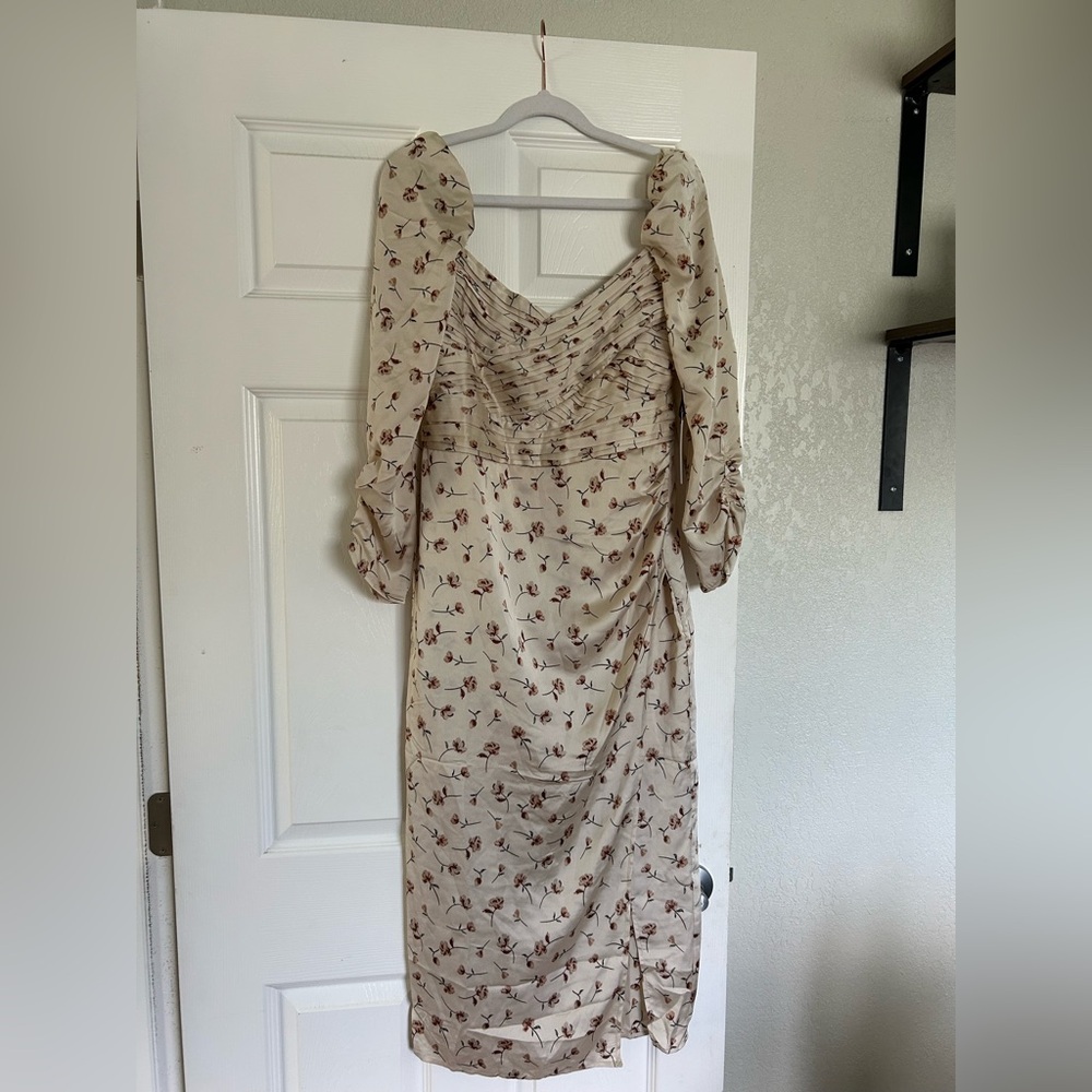 Astr Floral Cream Midi Dress with Puff Sleeves